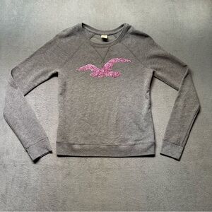Hollister Womens Small Crewneck Sweatshirt Gray Pink Logo Sheer Back Pullover